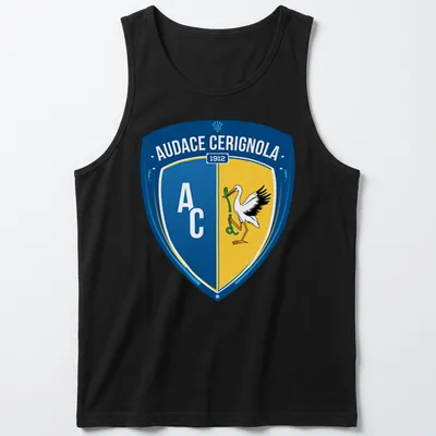 Audace Cerignola football club shield logo t-shirt in blue, yellow, white, and black — printed on a tank top