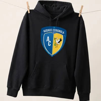 Audace Cerignola football club shield logo t-shirt in blue, yellow, white, and black — printed on a unisex hoodie