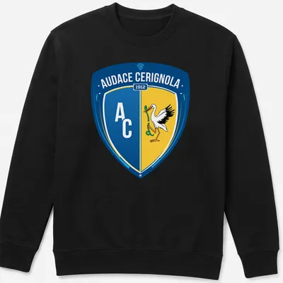 Audace Cerignola football club shield logo t-shirt in blue, yellow, white, and black — printed on a unisex sweatshirt