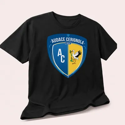 Audace Cerignola football club shield logo t-shirt in blue, yellow, white, and black — printed on a unisex t-shirt (angled view)