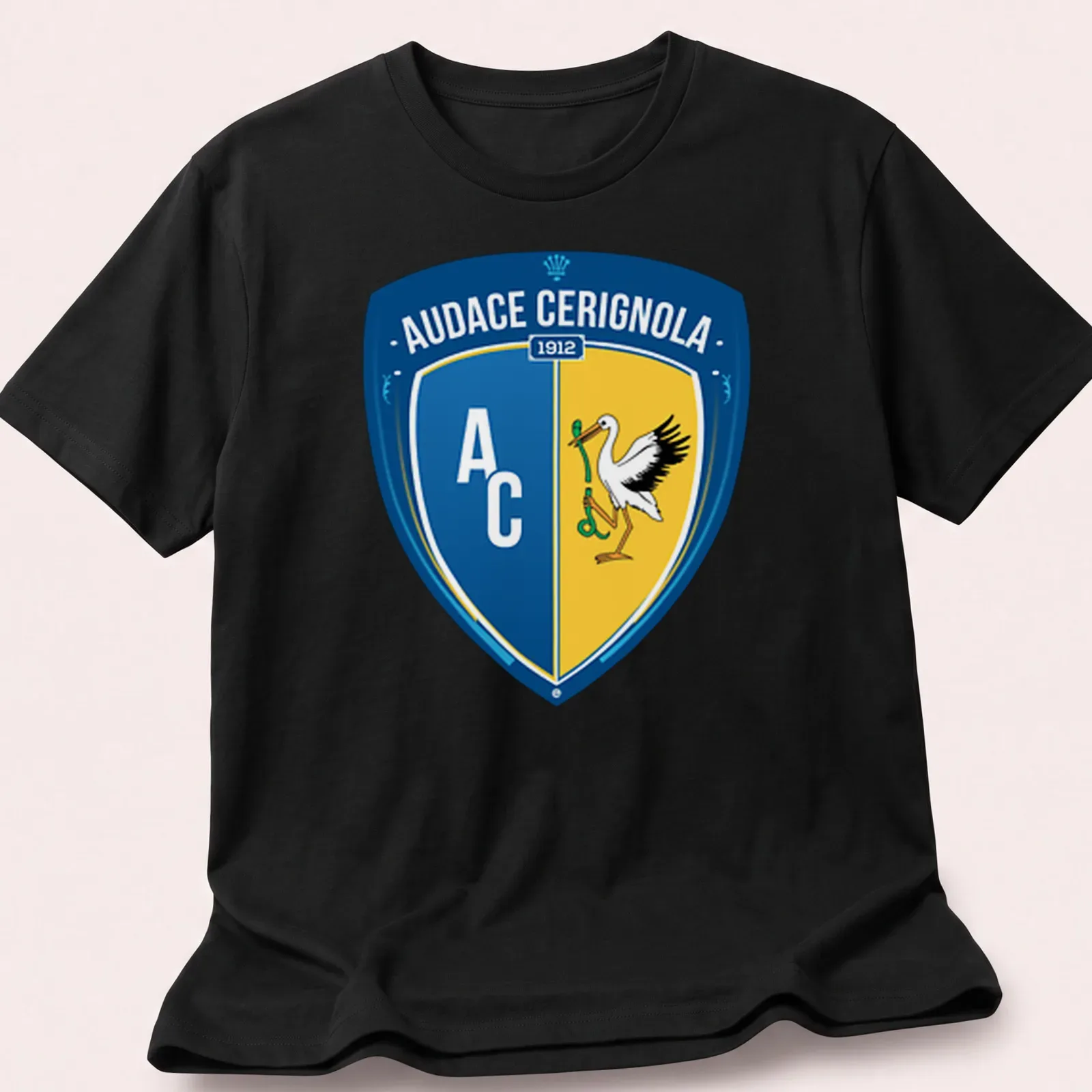 Audace Cerignola football club shield logo t-shirt in blue, yellow, white, and black — printed on a unisex t-shirt