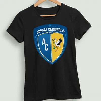 Audace Cerignola football club shield logo t-shirt in blue, yellow, white, and black — printed on a women's shirt