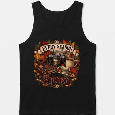 Vintage illustrated t-shirt featuring a camera and autumn leaves with text about seasons. — printed on a tank top