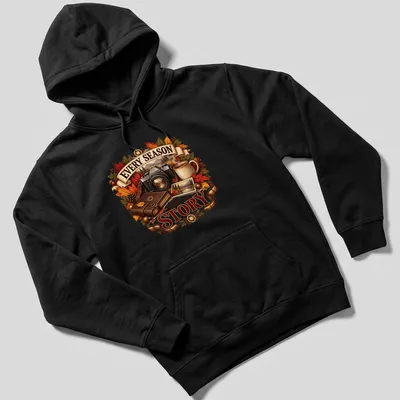 Vintage illustrated t-shirt featuring a camera and autumn leaves with text about seasons. — printed on a unisex hoodie