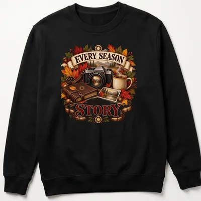 Vintage illustrated t-shirt featuring a camera and autumn leaves with text about seasons. — printed on a unisex sweatshirt