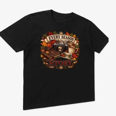 Vintage illustrated t-shirt featuring a camera and autumn leaves with text about seasons. — printed on a unisex t-shirt (angled view)