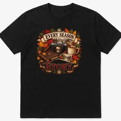 Vintage illustrated t-shirt featuring a camera and autumn leaves with text about seasons.