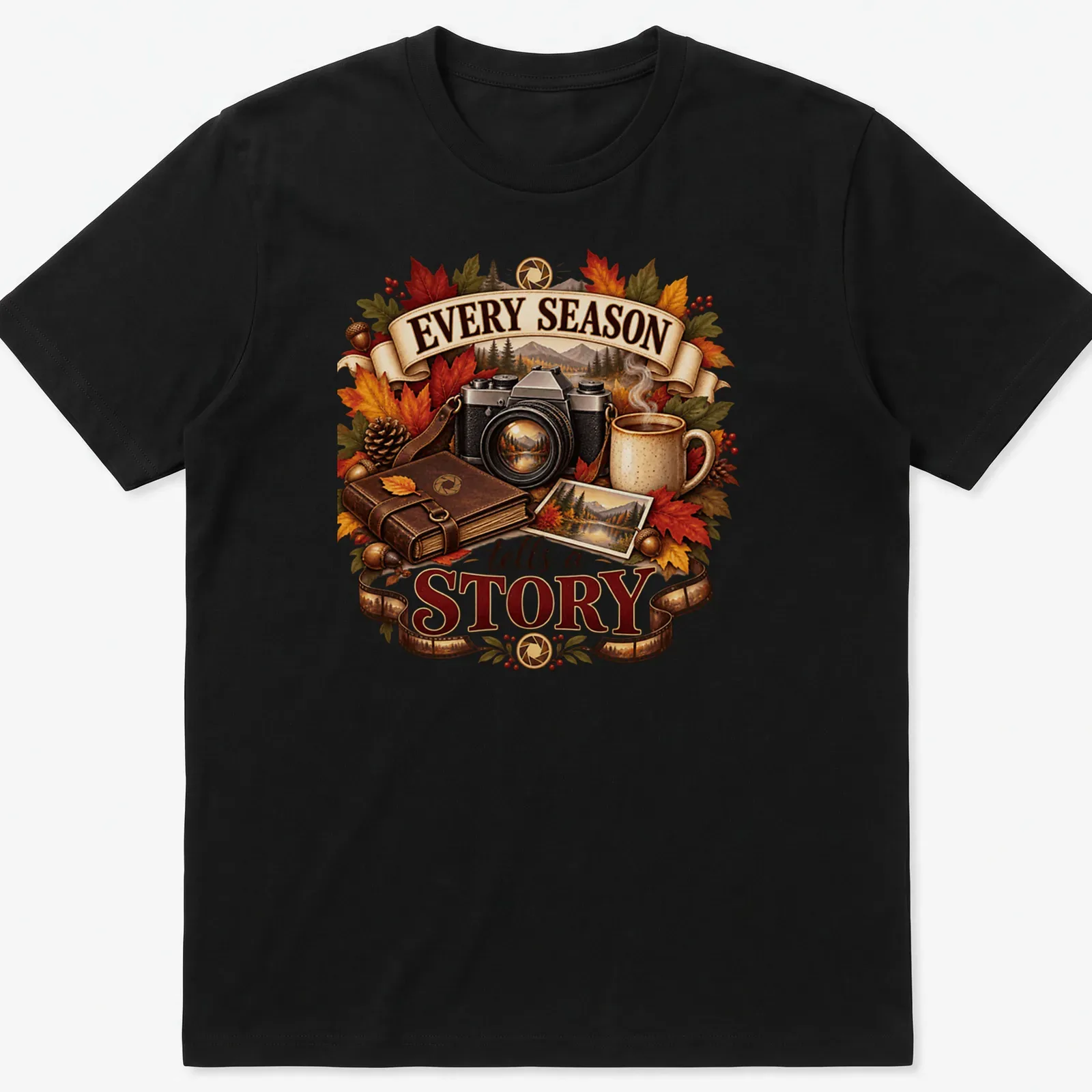 Vintage illustrated t-shirt featuring a camera and autumn leaves with text about seasons. — printed on a unisex t-shirt