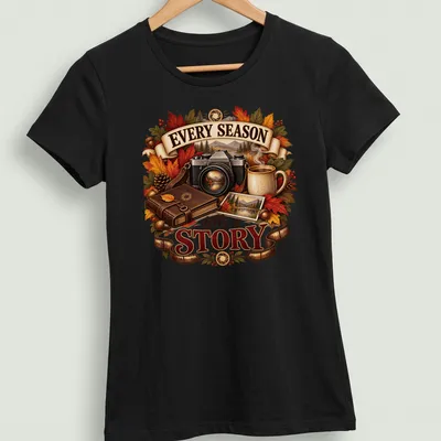 Vintage illustrated t-shirt featuring a camera and autumn leaves with text about seasons. — printed on a women's shirt