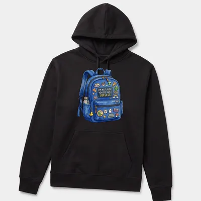 Colorful cartoon t-shirt with backpack stickers and the text 'I'M NOT RUDE. YOU'RE JUST USELESS' — printed on a unisex hoodie