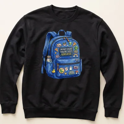 Colorful cartoon t-shirt with backpack stickers and the text 'I'M NOT RUDE. YOU'RE JUST USELESS' — printed on a unisex sweatshirt