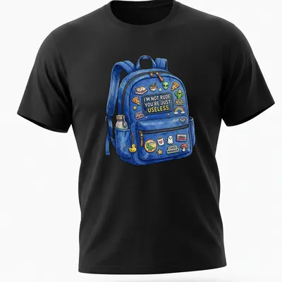 Colorful cartoon t-shirt with backpack stickers and the text 'I'M NOT RUDE. YOU'RE JUST USELESS'