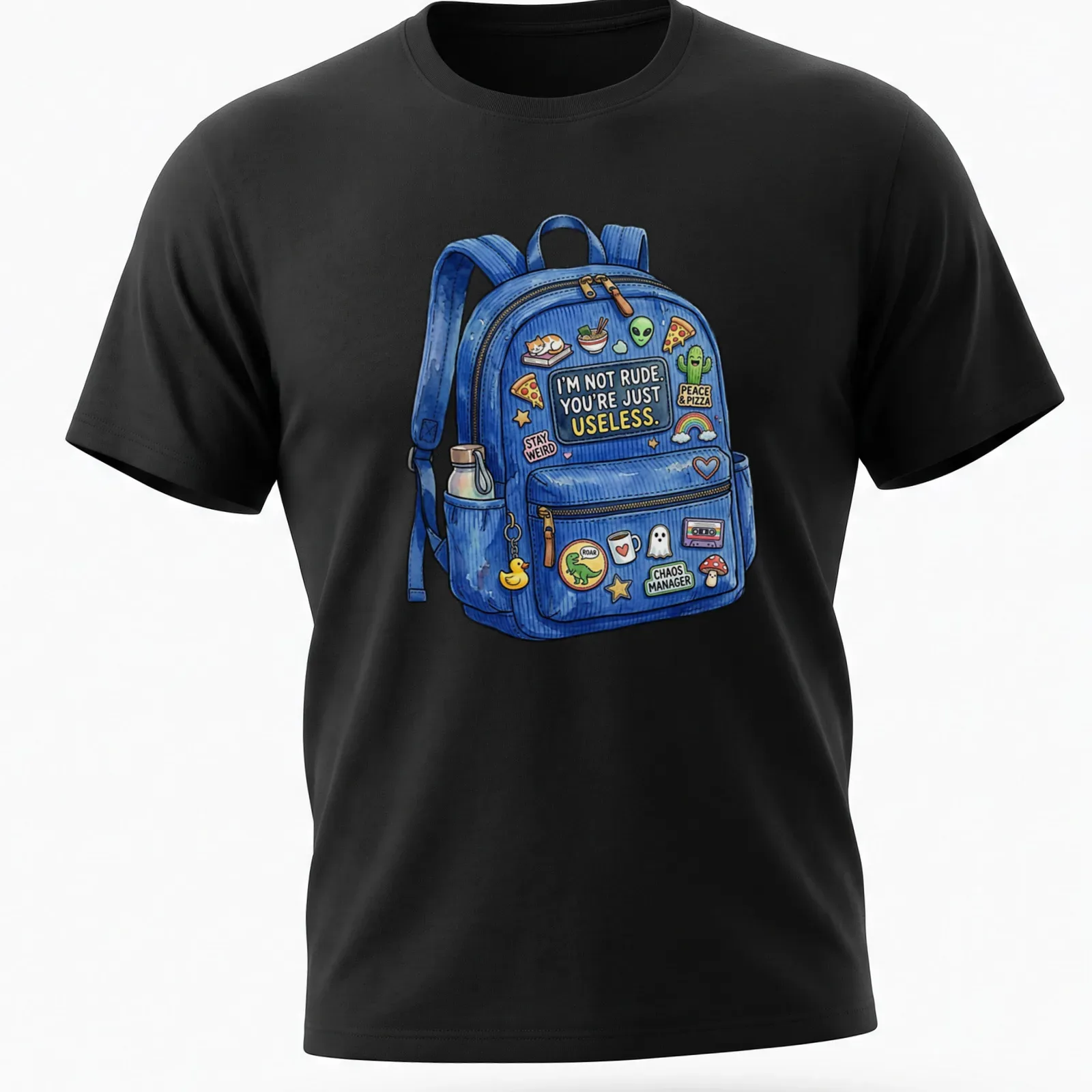 Colorful cartoon t-shirt with backpack stickers and the text 'I'M NOT RUDE. YOU'RE JUST USELESS' — printed on a unisex t-shirt