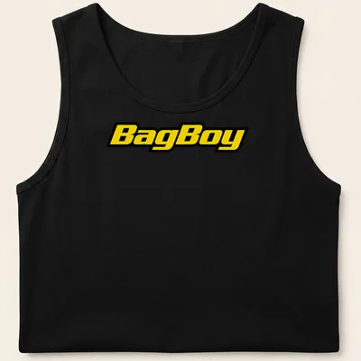 Bold BagBoy logo in yellow and black on a modern typography — printed on a tank top
