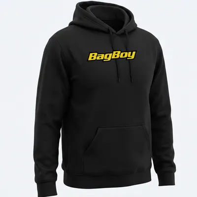 Bold BagBoy logo in yellow and black on a modern typography — printed on a unisex hoodie