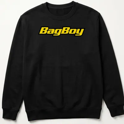 Bold BagBoy logo in yellow and black on a modern typography — printed on a unisex sweatshirt