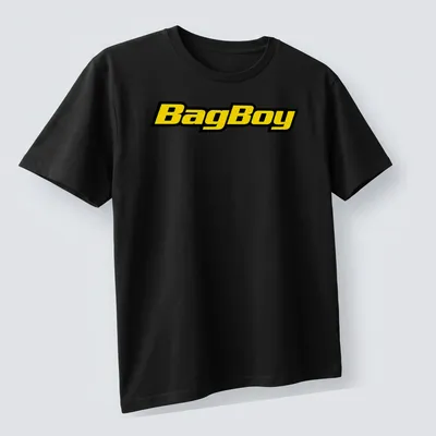 Bold BagBoy logo in yellow and black on a modern typography — printed on a unisex t-shirt (angled view)