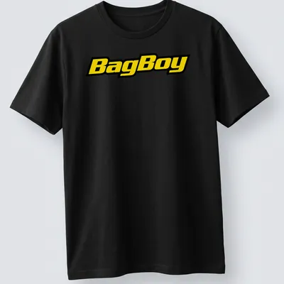 Bold BagBoy logo in yellow and black on a modern typography t-shirt