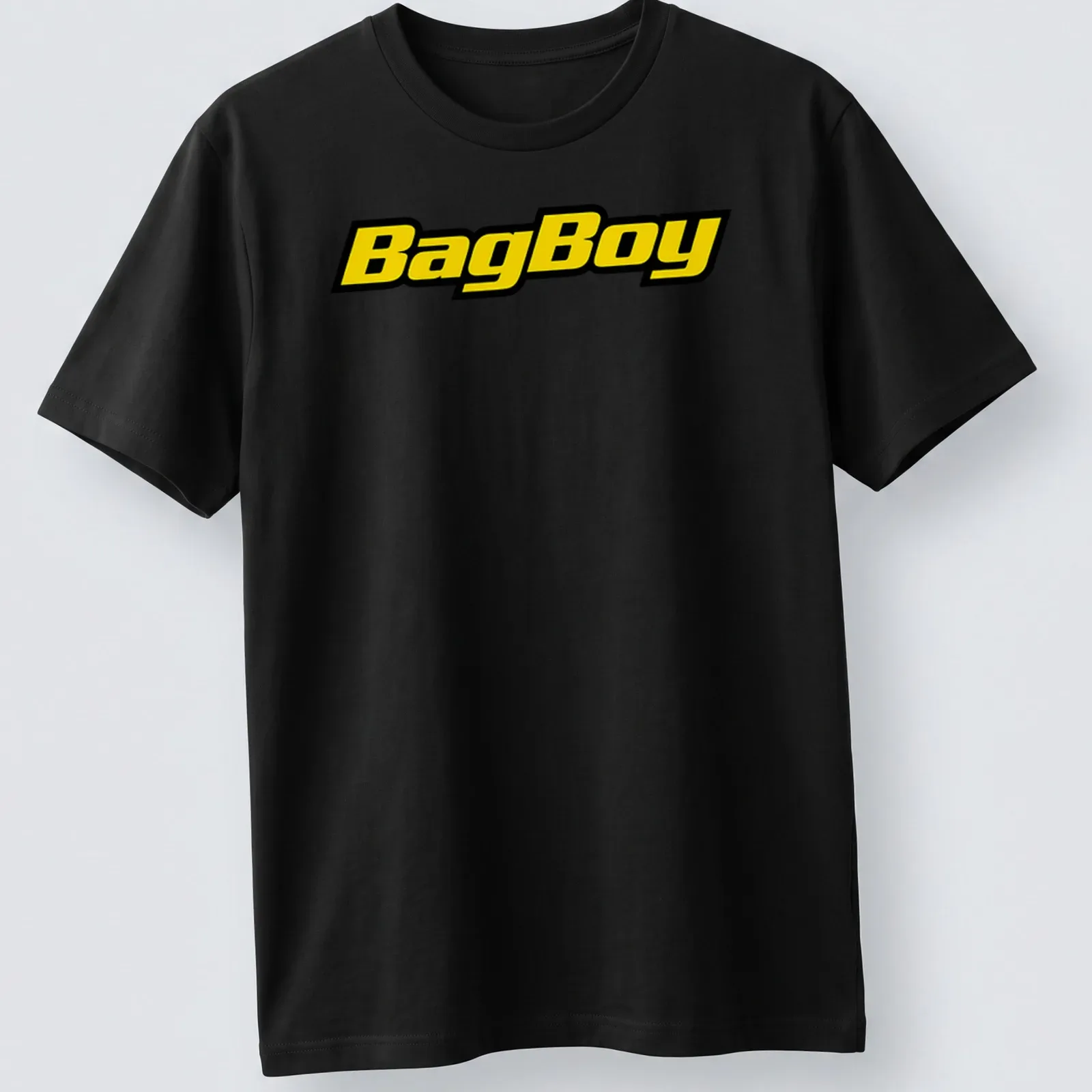 Bold BagBoy logo in yellow and black on a modern typography — printed on a unisex t-shirt