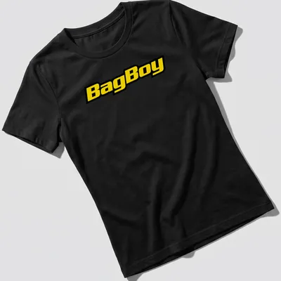 Bold BagBoy logo in yellow and black on a modern typography — printed on a women's shirt