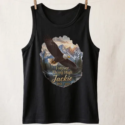 Realistic print of a Bald Eagle with text celebrating Jackie from 2012 to 2026 — printed on a tank top