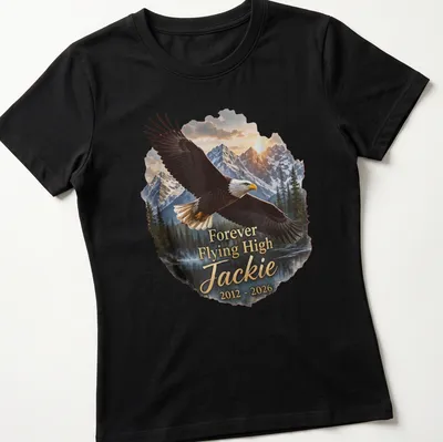 Realistic print of a Bald Eagle with text celebrating Jackie from 2012 to 2026 — printed on a women's shirt