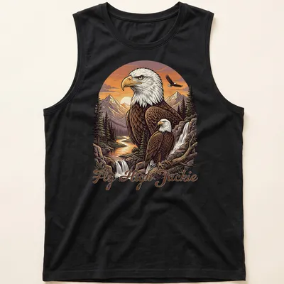 Illustration of a Bald Eagle flying over a mountain scene with the text Fly High Jackie — printed on a tank top