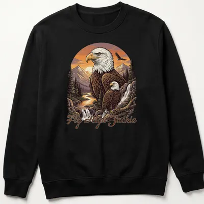 Illustration of a Bald Eagle flying over a mountain scene with the text Fly High Jackie — printed on a unisex sweatshirt