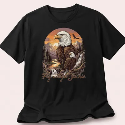 Illustration of a Bald Eagle flying over a mountain scene with the text Fly High Jackie