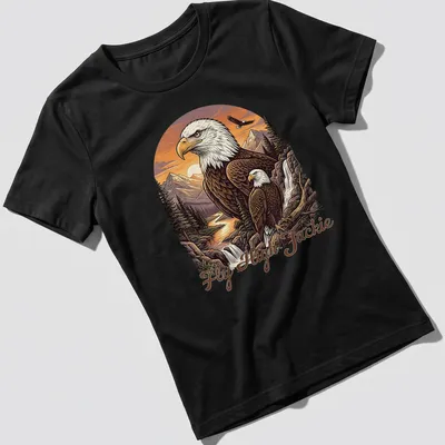 Illustration of a Bald Eagle flying over a mountain scene with the text Fly High Jackie — printed on a women's shirt
