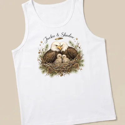 Realistic illustration of two bald eagles named Jackie and Shadow on a natural background — printed on a tank top