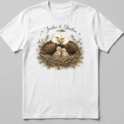 Realistic illustration of two bald eagles named Jackie and Shadow on a natural background