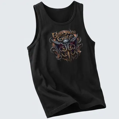 Emblem featuring the Baldur's Gate logo in gold, black, purple, and silver — printed on a tank top