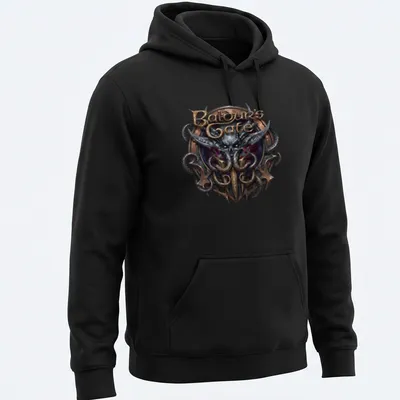 Emblem featuring the Baldur's Gate logo in gold, black, purple, and silver — printed on a unisex hoodie