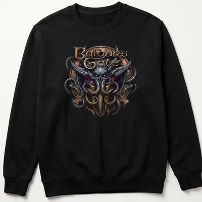 Emblem featuring the Baldur's Gate logo in gold, black, purple, and silver — printed on a unisex sweatshirt