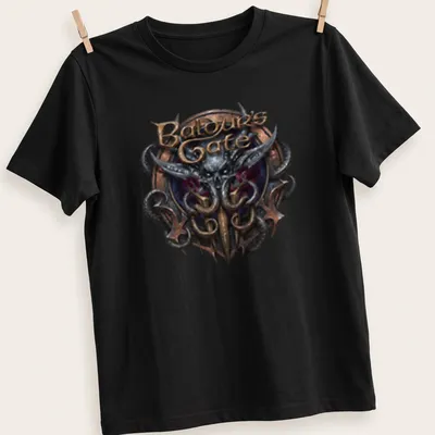Emblem featuring the Baldur's Gate logo in gold, black, purple, and silver — printed on a unisex t-shirt