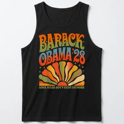 Retro psychedelic t-shirt featuring Barack Obama with colorful text — printed on a tank top