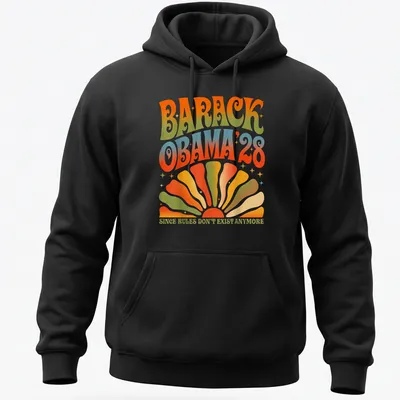 Retro psychedelic t-shirt featuring Barack Obama with colorful text — printed on a unisex hoodie