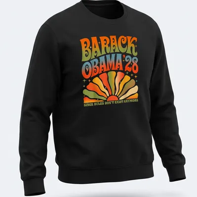 Retro psychedelic t-shirt featuring Barack Obama with colorful text — printed on a unisex sweatshirt