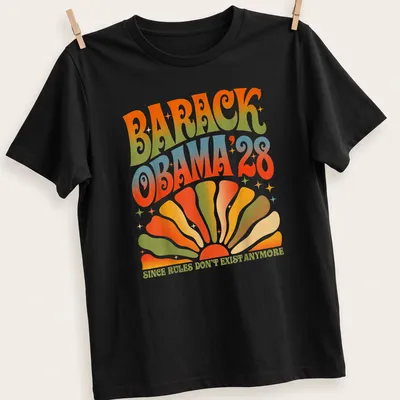 Retro psychedelic t-shirt featuring Barack Obama with colorful text — printed on a unisex t-shirt