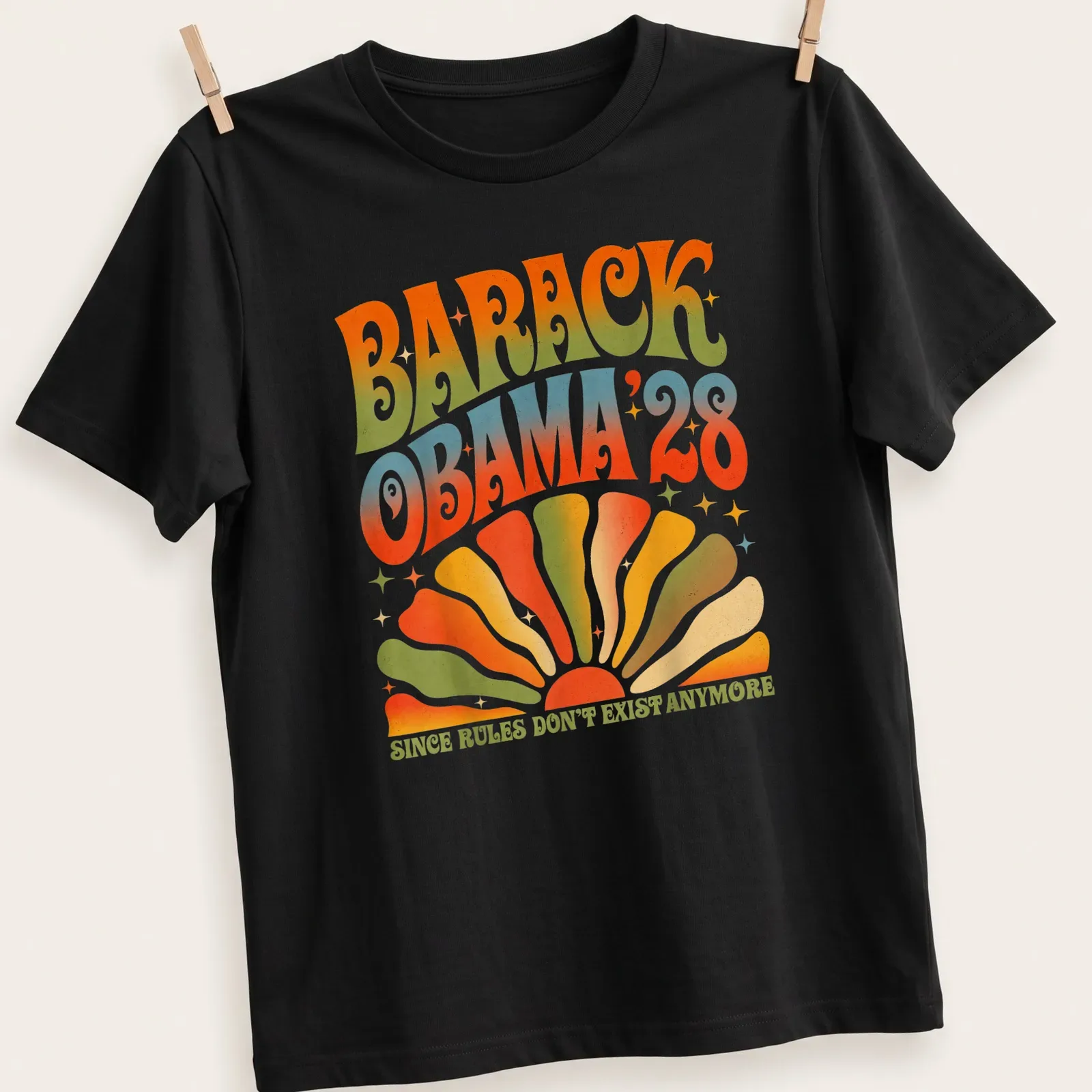 Retro psychedelic t-shirt featuring Barack Obama with colorful text — printed on a unisex t-shirt