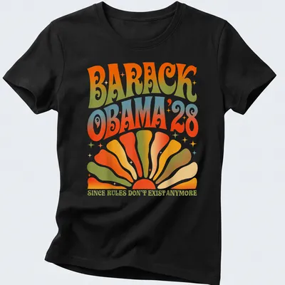Retro psychedelic t-shirt featuring Barack Obama with colorful text — printed on a women's shirt
