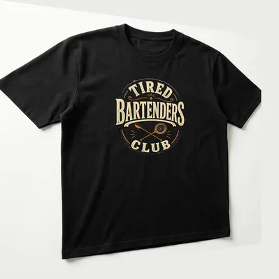 Vintage distressed Bartenders Club t-shirt with humor about tiredness — printed on a unisex t-shirt (angled view)