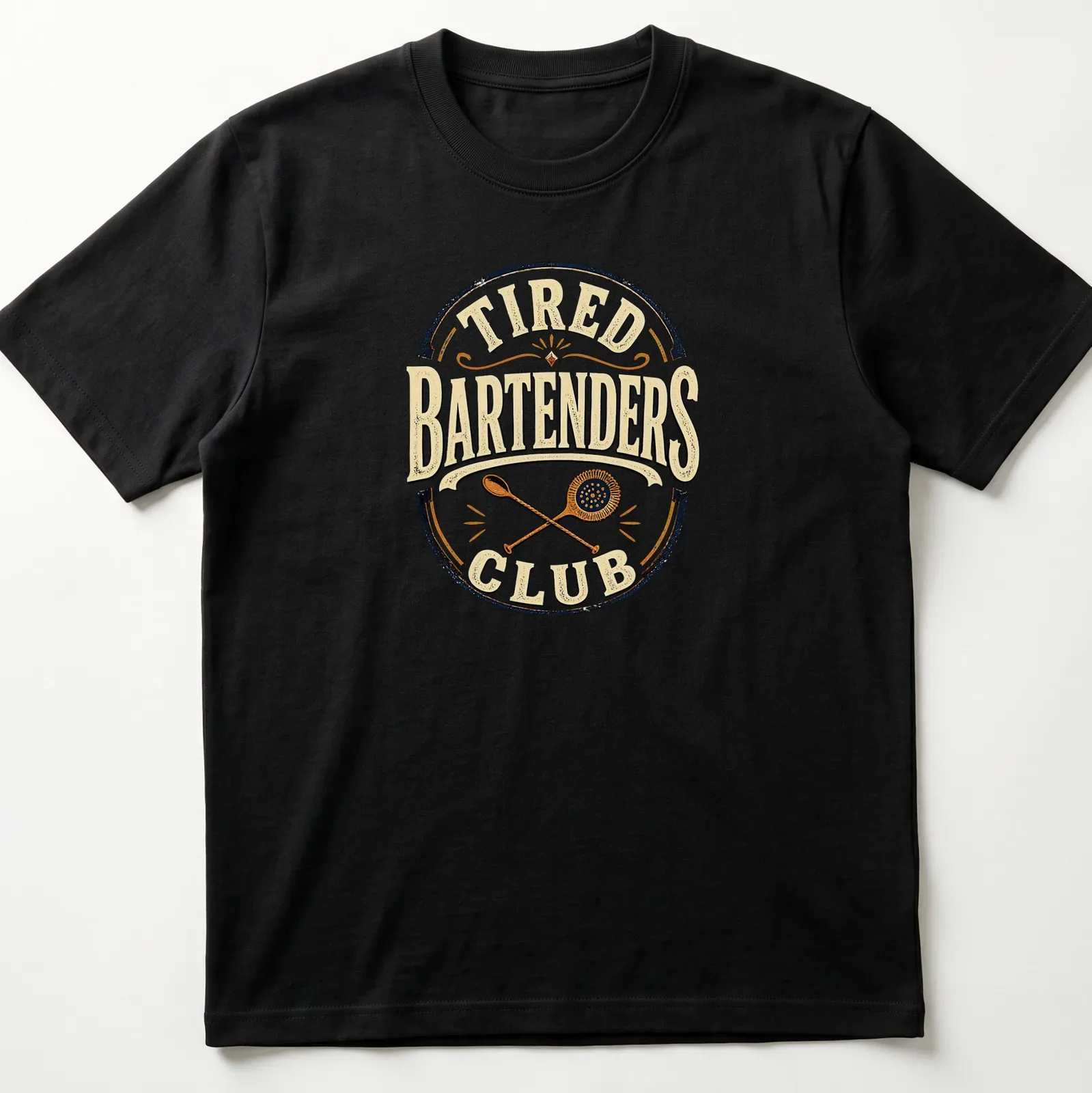 Vintage distressed Bartenders Club t-shirt with humor about tiredness — printed on a unisex t-shirt