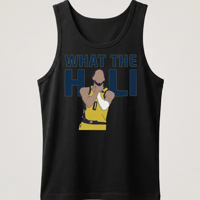 Flat design Basketball Player t-shirt featuring the text What The Hali in yellow and blue — printed on a tank top