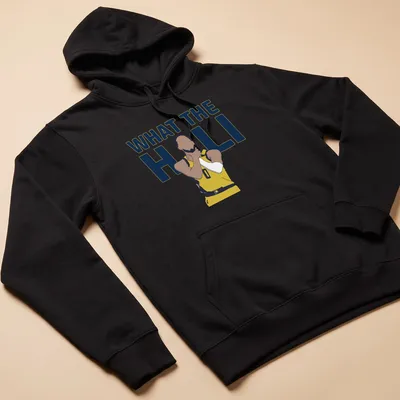 Flat design Basketball Player t-shirt featuring the text What The Hali in yellow and blue — printed on a unisex hoodie