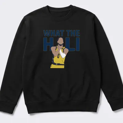 Flat design Basketball Player t-shirt featuring the text What The Hali in yellow and blue — printed on a unisex sweatshirt