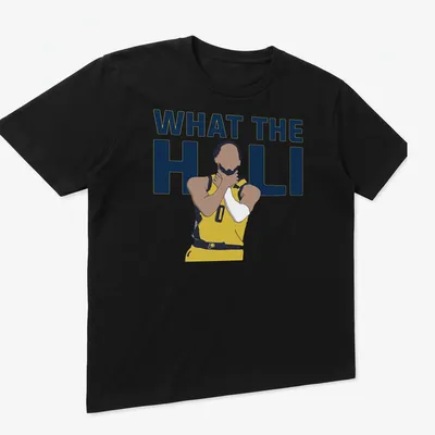Flat design Basketball Player t-shirt featuring the text What The Hali in yellow and blue — printed on a unisex t-shirt (angled view)