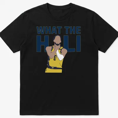Flat design Basketball Player t-shirt featuring the text What The Hali in yellow and blue