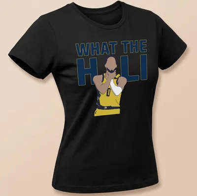Flat design Basketball Player t-shirt featuring the text What The Hali in yellow and blue — printed on a women's shirt